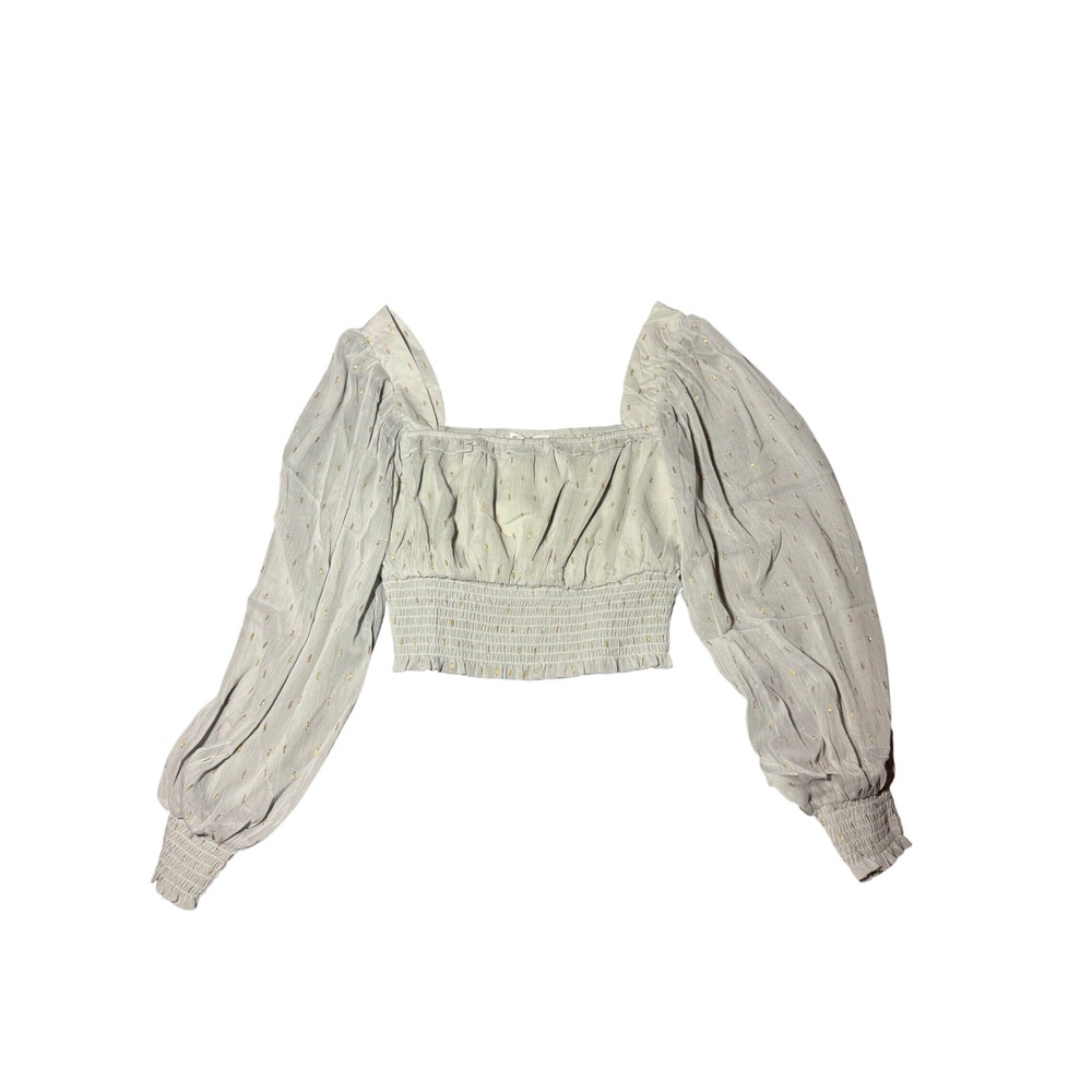 By the River Gray Gold Metallic Smocked Crop Top Balloon Sleeve Blouse - Picture 2 of 7